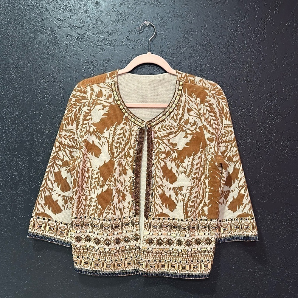 CHICO’S Beaded Pattern Cardigan Sweater 3/4 Sleeve with hook Size M